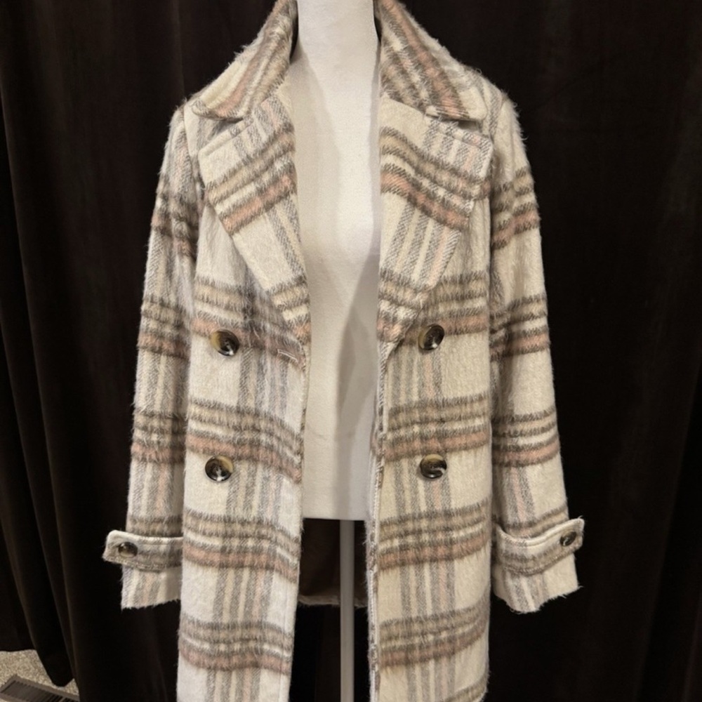 Sam Edelman Cream and Gray Plaid Pea Coat